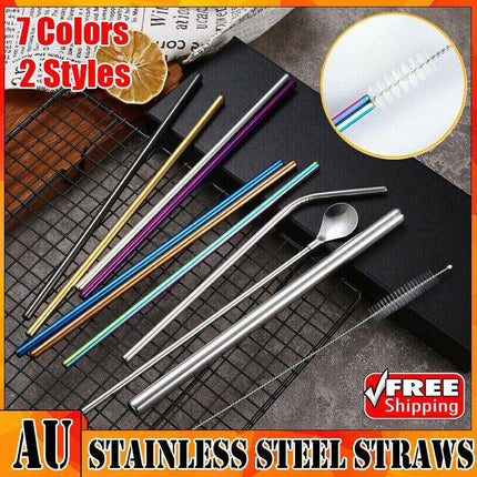 Reusable 304 Stainless Steel Straws Metal Drinking Washable Straw Brushes Set 2 - Aimall
