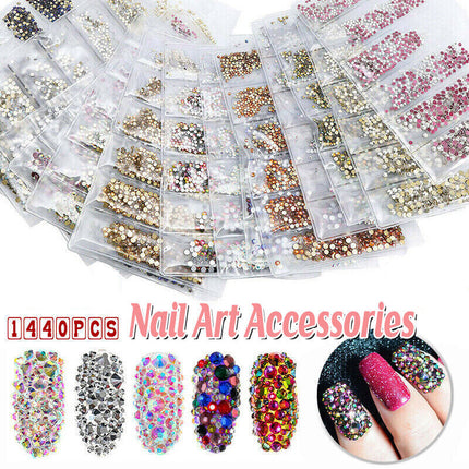 1440Pcs Glitter Rhinestones Crystal Clear Flat Bottom Glass Nail Art Nail Drill