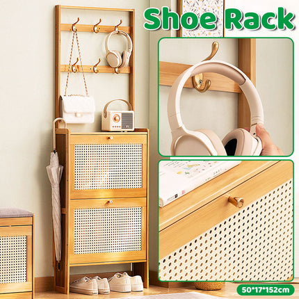 Slim Bamboo Shoe Cabinet Tipping Door with Hooks Entryway Shoe Rack