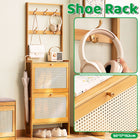 Slim Bamboo Shoe Cabinet Tipping Door with Hooks Entryway Shoe Rack