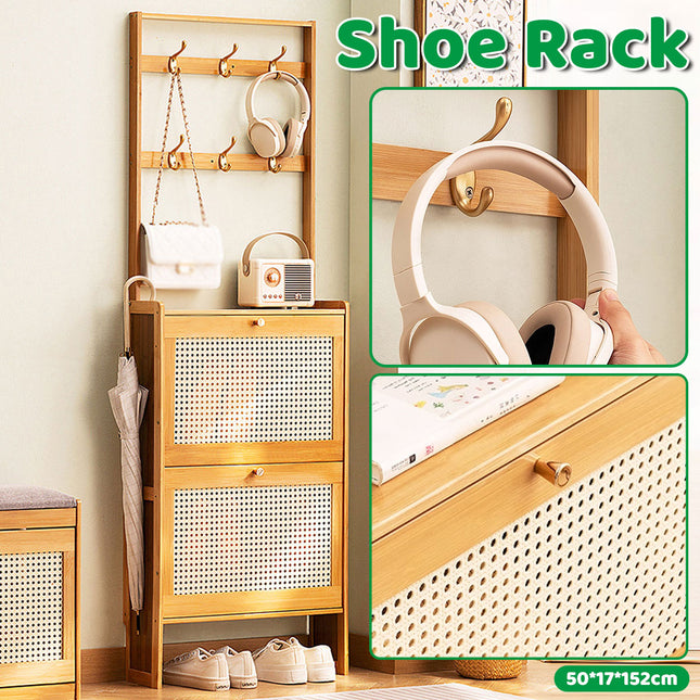 Slim Bamboo Shoe Cabinet Tipping Door with Hooks Entryway Shoe Rack
