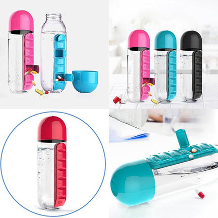 Water Bottle with Pill Box Organizer 600ml Drinking Bottle Portable 7 Day Storage