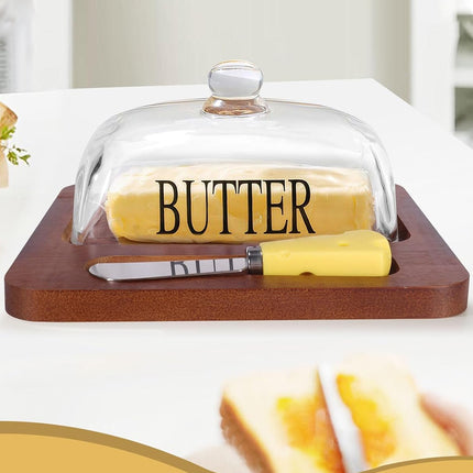 Butter Dish with Glass Lid and Bamboo Base with Built-in Knife