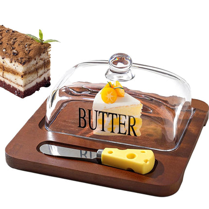 Butter Dish with Glass Lid and Bamboo Base with Built-in Knife