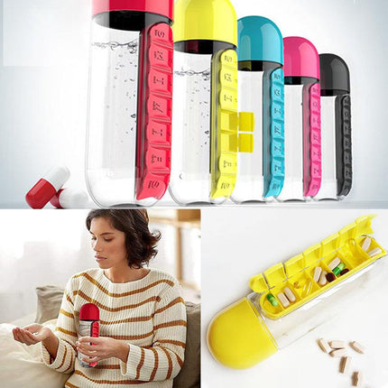 Water Bottle with Pill Box Organizer 600ml Drinking Bottle Portable 7 Day Storage