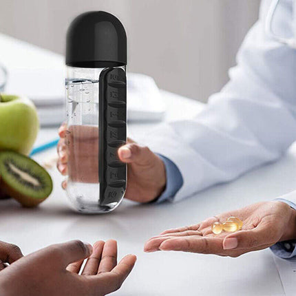 Water Bottle with Pill Box Organizer 600ml Drinking Bottle Portable 7 Day Storage