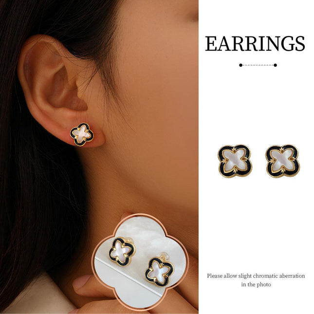 Four-leaf Clover Black Dropping Lace Shell Earrings Atmospheric Simple Light Luxury Fashion Earrings