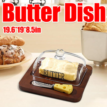 Butter Dish with Glass Lid and Bamboo Base with Built-in Knife