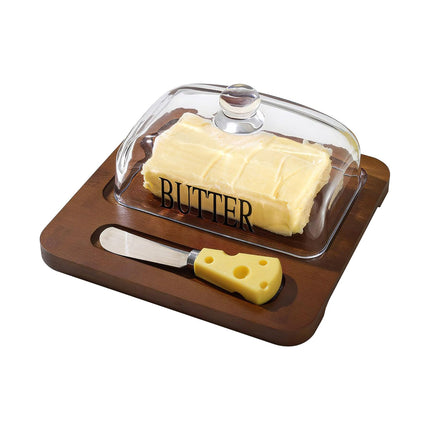 Butter Dish with Glass Lid and Bamboo Base with Built-in Knife