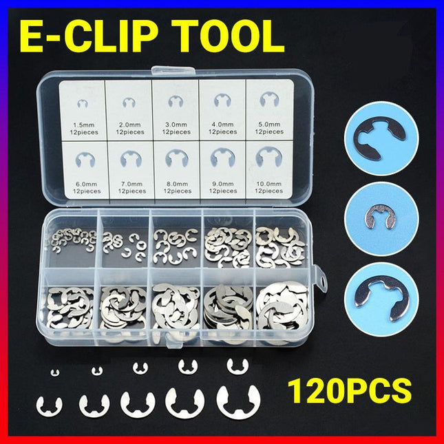 120PCS Stainless Steel E-Clip Assortment Tool Kit Retaining Circlips 1.5-10mm - Aimall