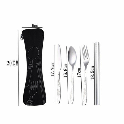 4 Pcs Cutlery Travel Knife Fork Portable Bag Stainless Steel Spoon Chopstick Set - Aimall