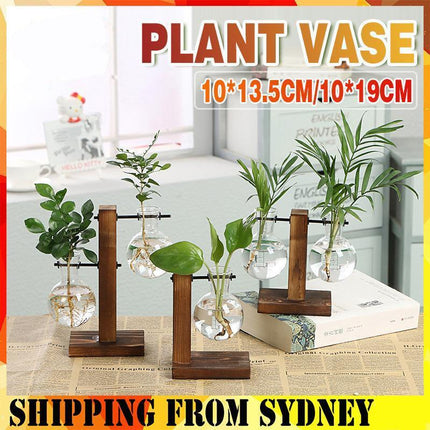 Wooden Stand Glass Flower Vase Hydroponic Hanging Plant Terrarium Container - Aimall