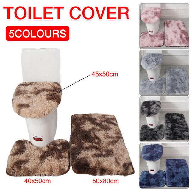 Antislip Washable 3Pc Bathroom Mat Set Fluffy Toilet Cover Pedestal Rug Bath Mat