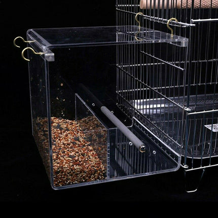 Acrylic No Mess Parrot Feeder Automatic Bird Cage Seed Feeding Box with Perch
