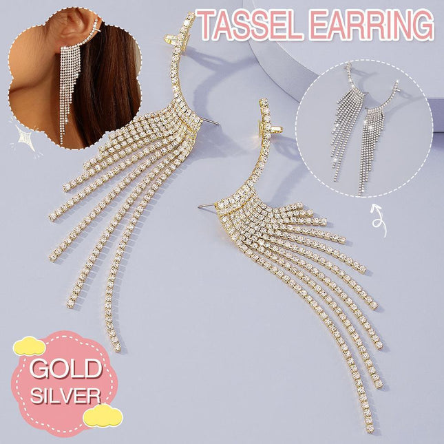Bling Dangle Drop Tassel Earrings Long Tassel Rhinestone Rhinestone Earrings - Aimall