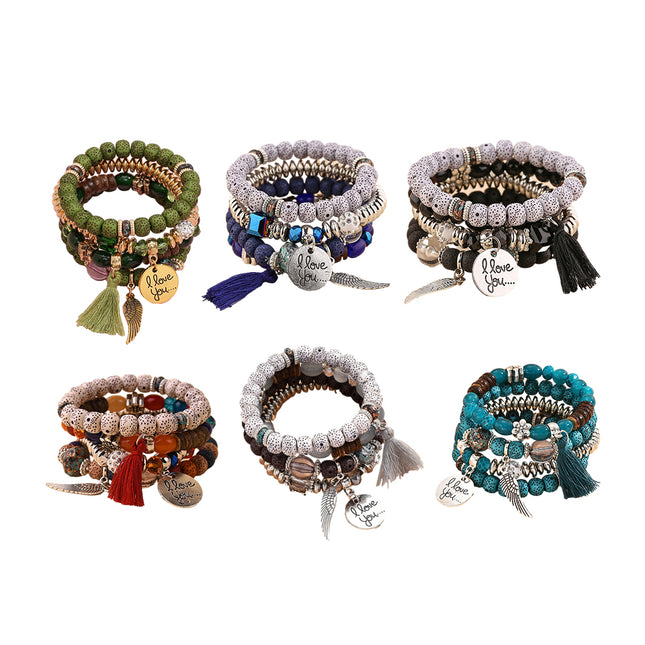 Boho Multilayer Bracelet Set with Turquoise Crystal Tassel and Charms for Women