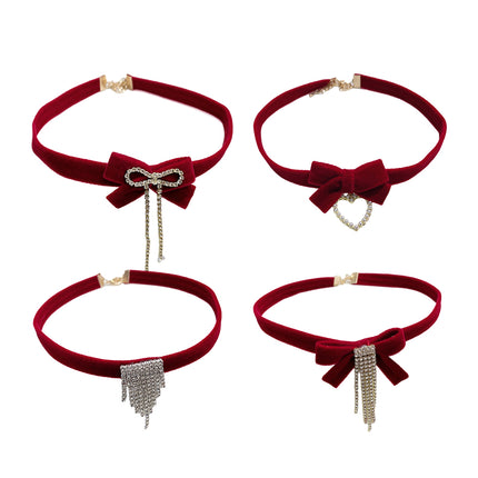 Fashion Red Bows Necklace Diamond Pendant Collar Chain Velvets Bowknot Jewelry