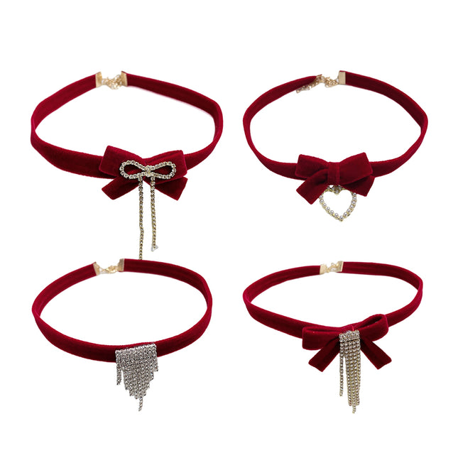 Fashion Red Bows Necklace Diamond Pendant Collar Chain Velvets Bowknot Jewelry
