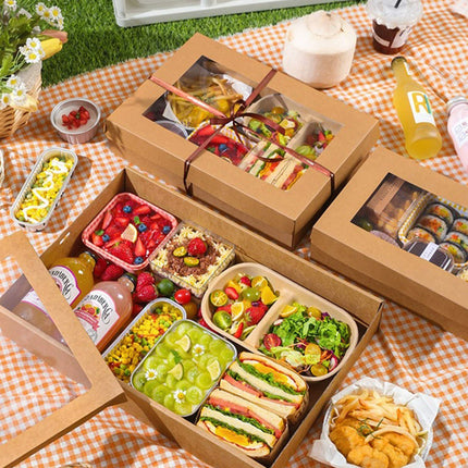 10PCS Kraft Paper Catering Box with Window Disposable Bento Style Packaging
