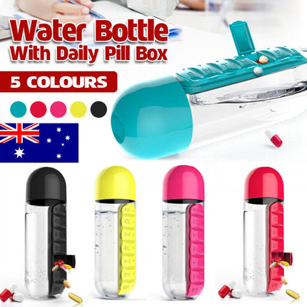 Water Bottle with Pill Box Organizer 600ml Drinking Bottle Portable 7 Day Storage