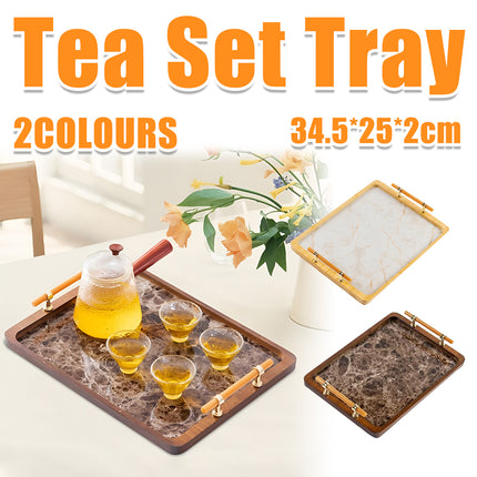 Bamboo Tea Tray with Stone Plastic Base Waterproof Non-Slip Durable