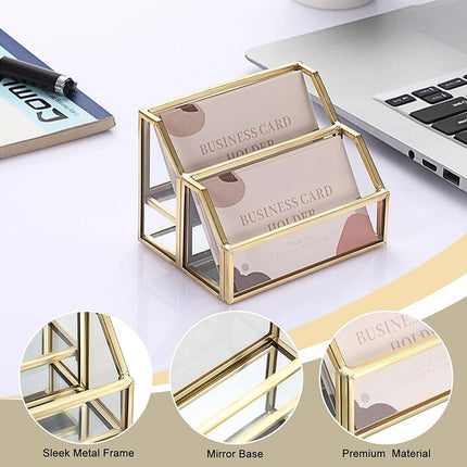 Metal Business Card Holder Desk Display Stand Gold Name Card Organizer 2 Slots