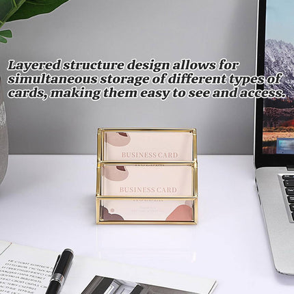 Metal Business Card Holder Desk Display Stand Gold Name Card Organizer 2 Slots