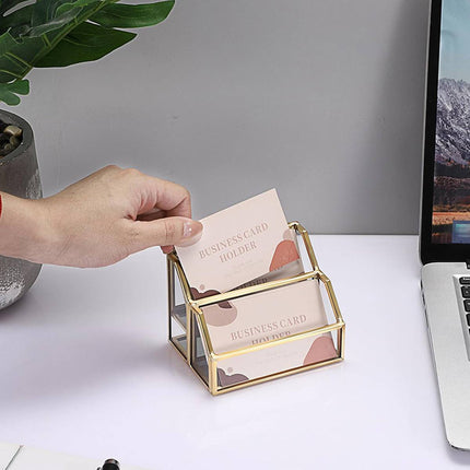 Metal Business Card Holder Desk Display Stand Gold Name Card Organizer 2 Slots