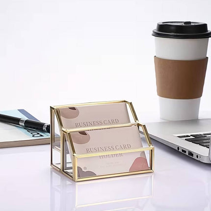 Metal Business Card Holder Desk Display Stand Gold Name Card Organizer 2 Slots