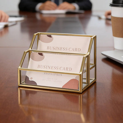 Metal Business Card Holder Desk Display Stand Gold Name Card Organizer 2 Slots
