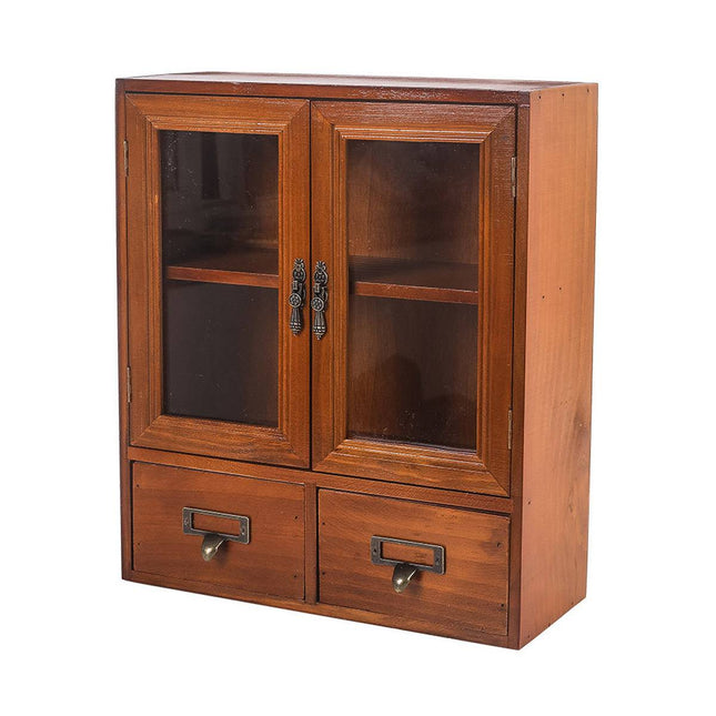 Vintage Display Cabinet Wooden Storage Box with Acrylic Doors Drawers