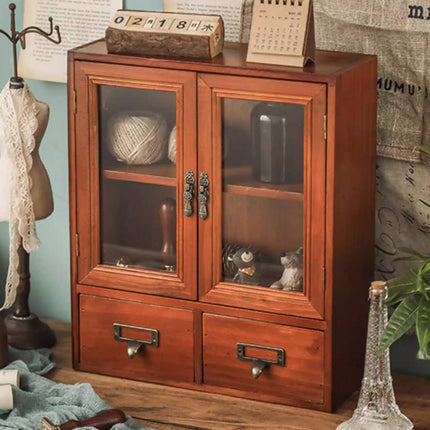 Vintage Display Cabinet Wooden Storage Box with Acrylic Doors Drawers