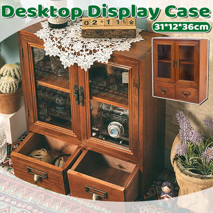 Vintage Display Cabinet Wooden Storage Box with Acrylic Doors Drawers