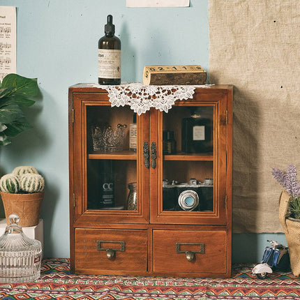 Vintage Display Cabinet Wooden Storage Box with Acrylic Doors Drawers
