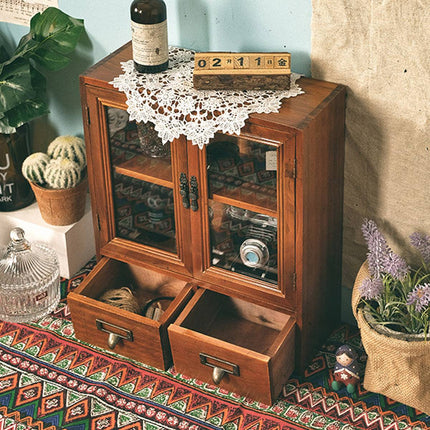 Vintage Display Cabinet Wooden Storage Box with Acrylic Doors Drawers