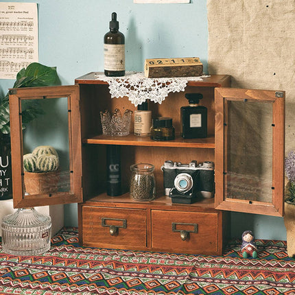 Vintage Display Cabinet Wooden Storage Box with Acrylic Doors Drawers