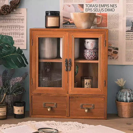 Vintage Display Cabinet Wooden Storage Box with Acrylic Doors Drawers