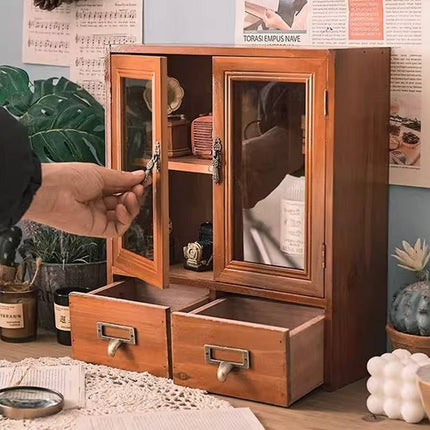 Vintage Display Cabinet Wooden Storage Box with Acrylic Doors Drawers
