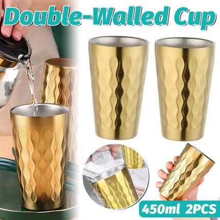 Double Wall Stainless Steel Cup 2pcs Gold Embossed 450ml Insulated Tumbler 304