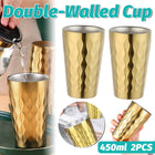 Double Wall Stainless Steel Cup 2pcs Gold Embossed 450ml Insulated Tumbler 304