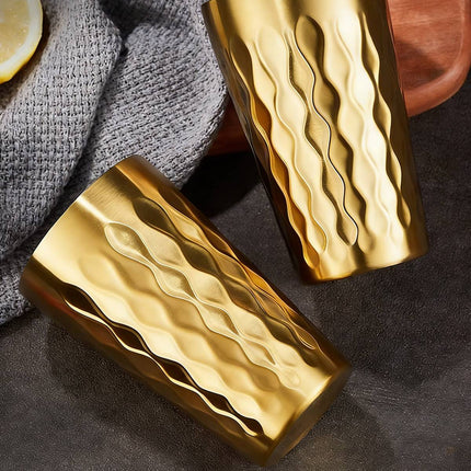 Double Wall Stainless Steel Cup 2pcs Gold Embossed 450ml Insulated Tumbler 304