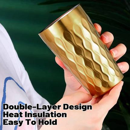 Double Wall Stainless Steel Cup 2pcs Gold Embossed 450ml Insulated Tumbler 304
