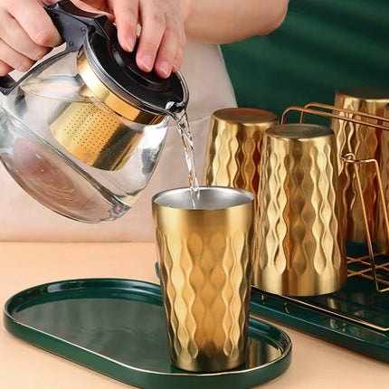 Double Wall Stainless Steel Cup 2pcs Gold Embossed 450ml Insulated Tumbler 304