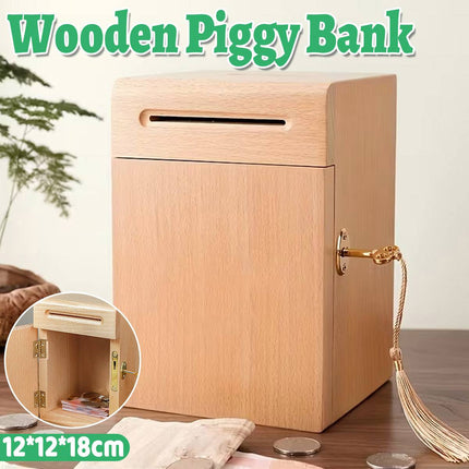 Lockable Wooden Money Box with Key Coin Bank Storage Box Home Desk AU