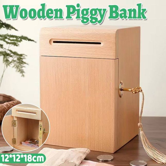 Lockable Wooden Money Box with Key Coin Bank Storage Box Home Desk AU