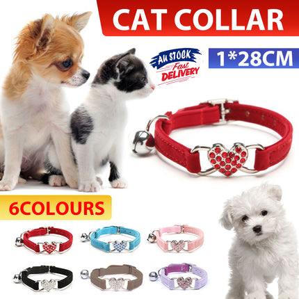 Suede Cat Collar with Adjustable Elastic Bell and Heart Charm for Kittens