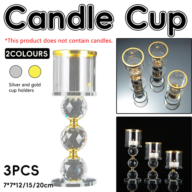 3pcs Tall Glass Candlestick Ornaments Crystal Sphere Metal Accent Candle Cups