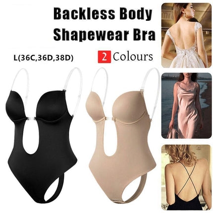 Women Deep U Plunge Seamless Push Up Bra Thong Body Shaper Backless Bodysuit Hot - Aimall