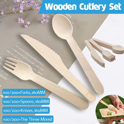 Wooden Cutlery Set Disposable Bamboo Wood Bulk Buy Forks Spoons Knives Party Eco - Aimall
