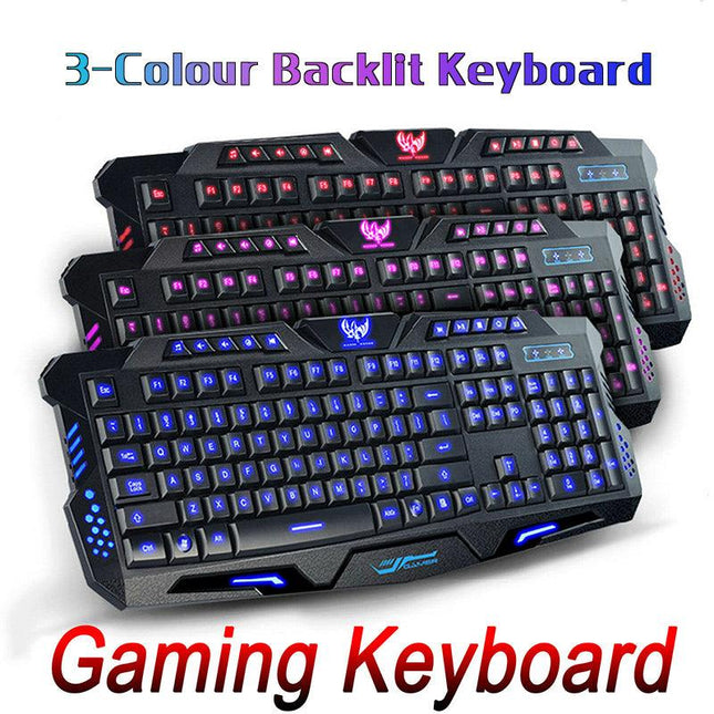 Gaming Keyboard 3 Colour Led Back-light Wired USB Illuminated Cool Ergonomic PC - Aimall
